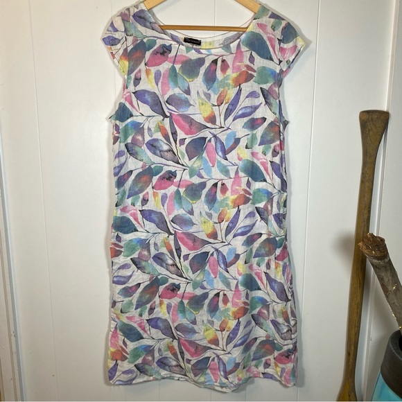 Luca Vanucci 100% Linen Tunic Style Dress Pastel Leaves Patterned Colourful - Picture 2 of 11